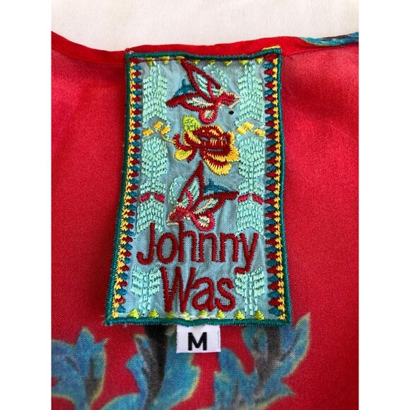 Johnny Was Red Floral Top Drop Tie Tassels Rayon Tunic Boho Women's Medium EUC - Picture 7 of 9